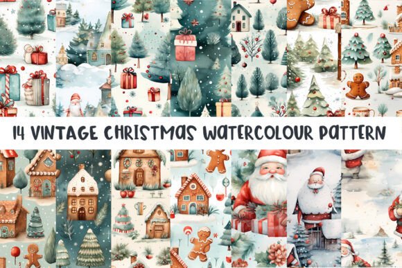 14 Vintage Christmas Watercolour Seamless Patterns for Festive Design