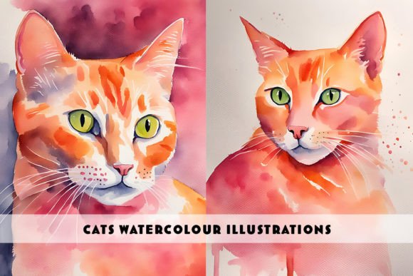 Pink and Orange Cat Watercolour Duo: A Vibrant Design Asset