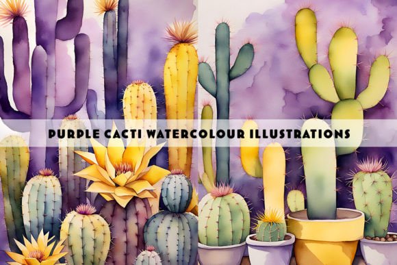 Purple and Yellow Cactus Watercolour Duo
