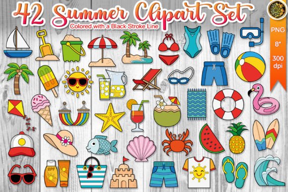 Summer Clipart Color with Outline Stroke: Vibrant Design Assets