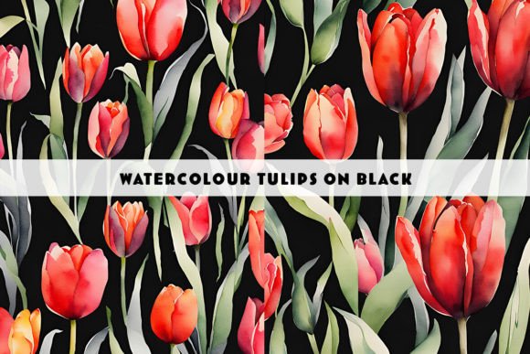 Tulips on a Black Background Watercolour: Bold Florals for Impactful Design